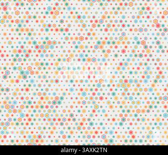 Hexagon grid pattern. Multicolored geometric elements of varied size. Hexagon mosaic background with inner solid cells. Regular hexagon shapes. Stock Vector