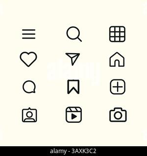 Social media Instagram with interface buttons, line and solid icons: home, camera, comment, search, photo camera, heart, like, user story. Stock Vector