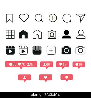 Social media Instagram with interface buttons, line and solid icons: home, camera, comment, search, photo camera, heart, like, user story. Stock Vector