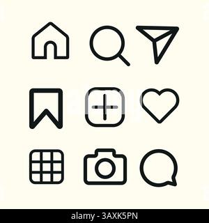 Social media Instagram with interface buttons, line and solid icons: home, camera, comment, search, photo camera, heart, like, user story. Stock Vector