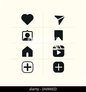 Social media Instagram with interface buttons, line and solid icons: home, camera, comment, search, photo camera, heart, like, user story. Stock Vector
