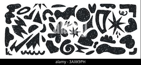 Dynamic and abstract shapes in black create this vector illustration, ideal for modern designs. Hand drawn primitive shapes in charcoal. Black shapes Stock Vector