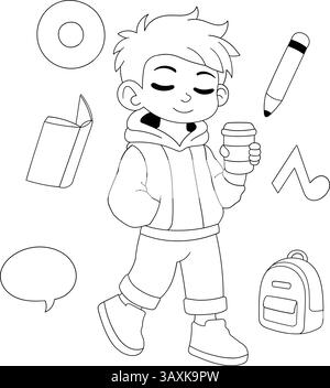 Cartoon illustration of a stylish boy holding a coffee cup, surrounded by school themed elements like a backpack, book, pencil, and music note. Stock Vector