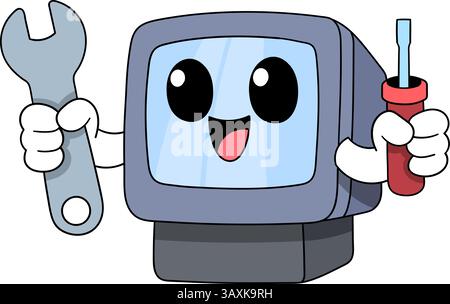 A cute cartoon style illustration of a computer character holding a screwdriver and wrench, symbolizing tech support or repair services. Stock Vector