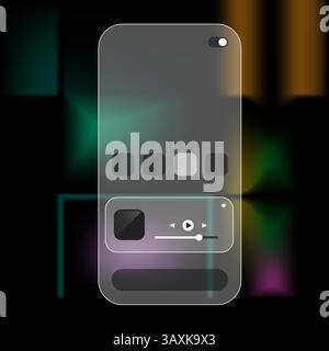 A futuristic mobile UI layout designed in glassmorphism style, showcasing a media player interface with soft transparent elements Stock Vector