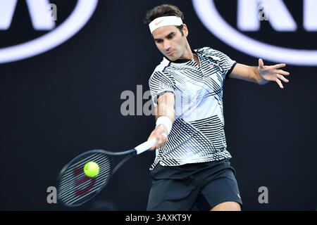 January 26, 2017: Roger Federer of Switzerland in action in a semifinals match against Stan Wawrinka of Switzerland on day 11 of the 2017 Australian Open Grand Slam tennis tournament in Melbourne, Australia. Sydney Low/Cal Sport Media(Credit Image: &copy; Sydney Low/CSM via ZUMA Wire) Stock Photo