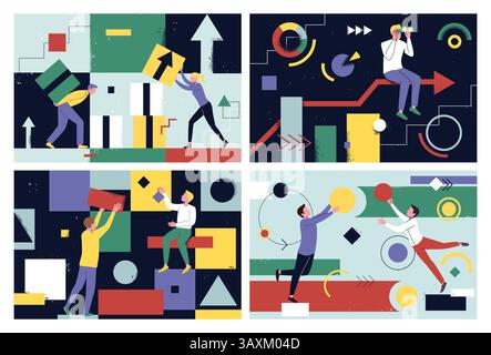 Abstract people. Business teamwork. Men and women moving geometric figures together. Persons organize job. Young characters with circle or square shapes. Startup plan. Vector team work concepts set Stock Vector