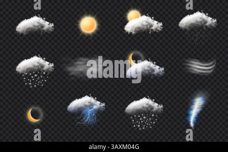 Weather forecast. Cloud rain or foggy symbols. Sky precipitation. Cumulus with thunders. Tornado wind. Sun and moon crescent. Rainy storm. Sunny climate. Snow cold. Vector meteorology 3D icons set Stock Vector