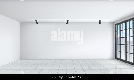 Empty room. Home interior. Tile floor. Ceiling lamp. Light from window. White walls. Clean bedroom. Inside 3d apartments. Office space for furnishing. Modern architecture design. Vector background Stock Vector