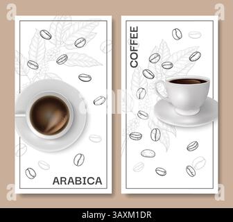 Coffee cup flyer. Menu cover design. Side and top view realistic mug on ceramic plate with hot espresso, Arabica beverage poster set. Hand drawn grains on background. Cafe ad. Vector illustration Stock Vector