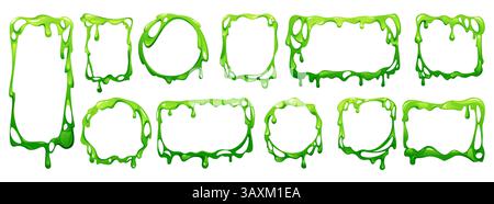 Green slime. Drip frame different shapes, circle and square mucus texture or png sticky splat with copy space for text. Liquid paint or glue blob graphic design. Vector melting jelly isolated borders Stock Vector