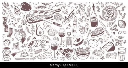 Food print. Kitchen tomato dinner, italian cheese supermarket texture. Vintage menu ingredients, grocery sketch. Pizza, bread and vegetables. Doodle background. Vector hand drawn isolated illustration Stock Vector