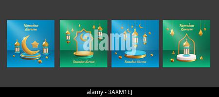 Ramadan background set. 3d greeting social media post, islam mubarak lantern or light gold decoration. Golden moon lamp, ramazan empty podium. Traditional Muslim holiday. Vector banner collection Stock Vector