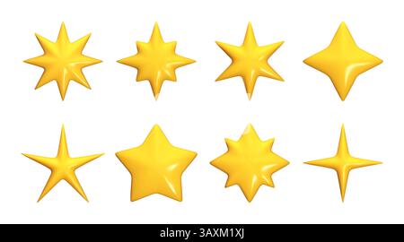 3d star. Yellow event shapes, abstract creative sky celebration design or holiday modern ornament. Different geometric forms, magic starburst symbol. glossy render isolated elements. Vector icons Stock Vector