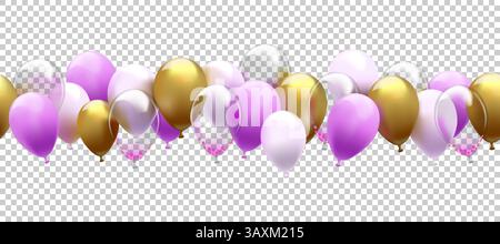 Pink balloons. Gold, white baloon frame or golden ballon border, 3d bunch for birthday, school event. Helium pink spheres, banner decoration. Isolated realistic transparent elements. Vector background Stock Vector