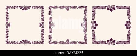 Flower ornament. Scandinavian art, decorative floral symmetry or mirrored symmetrical flora silhouette. Botanical design elements, square frame. Vintage card with leaves and pomegranate. Vector design Stock Vector