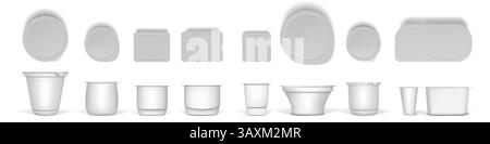 Yogurt cup. Plastic container. Package mockup. Realistic pot pack for dairy product. Yoghurt jar shapes. Blank sour cream box side and top view. Round lid. Milk mousse dessert. Vector packaging set Stock Vector