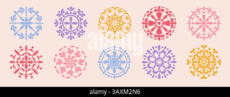 Flower mandala. Holistic round ornament. Yoga logo. Infinity florist packaging. Abstract leaf. Color silhouette circle print. Floral motif. Jewellery or tea woman boutique. Vector graphic icons set Stock Vector