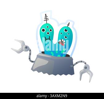 Aliens with spacecraft. Cosmic invader. Childish monsters on rockets. Extraterrestrial discovery . UFO spaceship. Bizarre spaceman in flying saucer. Beast astronaut. Vector cartoon fiction character Stock Vector