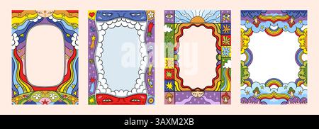 Scallop frame. Wavy kid pattern or cute picture box. Y2k border wave edges. Fun and funky decorative doodles. Sky rainbow and clouds. Space galaxy. Flower meadow. Vector psychedelic design banners set Stock Vector
