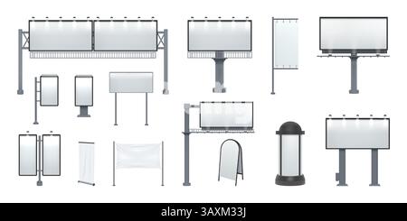 Outdoor billboards. Led sign mockup. 3D road signboard for outside ad. Signage pillar. Blank street boards. Urban lightboxes. Commercial announcement signpost. Vector realistic roadside banners set Stock Vector