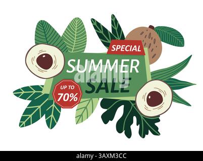 Special summer sale banner. Discount season with tropical fruits and leaves. Emblem or label design. Special offer template. Promotion card design. Vector cartoon flat style isolated illustration Stock Vector