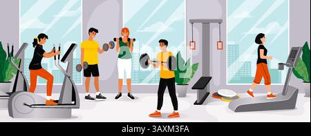 Gym exercises. Sport workout. Man or woman on weight training. Active health persons. Sportsman running on treadmill. Bodybuilder lifting dumbbell. Cardio fit. Athletic instructor. Vector illustration Stock Vector