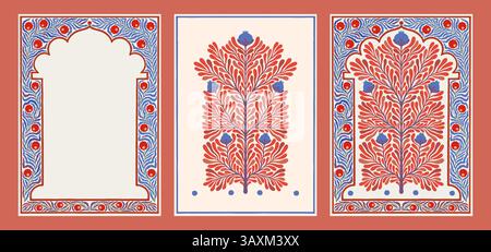 Mughal flowers. Indian floral motif. Turkish folk tree or traditional vintage bunch. Leaves and fruits on branches. Plant blossoms frame. Pakistan embroidery art. Botanical ornament banners vector set Stock Vector