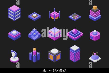 Isometric box. 3d technology cube in digital perspective. Abstract geometry tech shapes. Futuristic database. Computer microchip. Processor shield. Glowing purple datacenter. Vector rectangle logo set Stock Vector