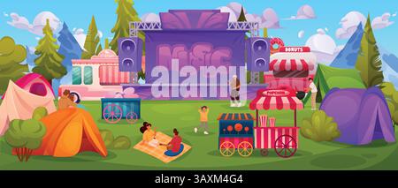 Family festival. BBQ picnic camp with tent and concert stage. Food kiosk. Summer tree in park fair. Couple recreation on blanket. People on outdoor party. Donut and popcorn stalls. Vector backdrop Stock Vector