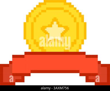 Gold Medal With Red Ribbon Pixelated Icon. Pixel Art Symbol Of Award Medal With Star In Golden Circle And Ribbon Accents. Isolated Vector Illustration Stock Vector