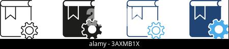 Book With Gear Icon Set. Knowledge Management, Technical Documentation, And System Configuration Symbol Collection. Education And Technology Stock Vector