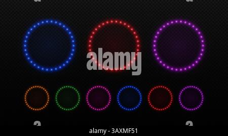 Light circle neon frame with bulbs. Retro lamps round border for cinema, circus and casino. Vector led set on black background. Stock Vector