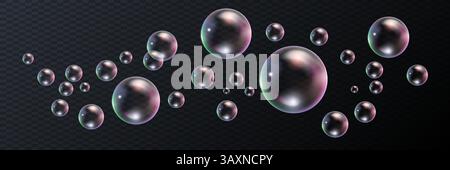 Vector realistic illustration with the image of soap bubbles of round shape, different sizes on an isolated transparent dark background. Transparent f Stock Vector