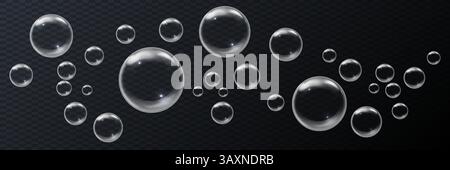 Vector realistic illustration with the image of soap bubbles of round shape, different sizes on an isolated transparent dark background. Transparent f Stock Vector