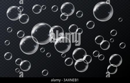 Vector realistic illustration with the image of soap bubbles of round shape, different sizes on an isolated transparent dark background. Transparent f Stock Vector