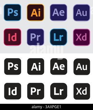 Adobe all icons, illustrator, photoshop, after effect, black and white Stock Vector