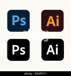 Adobe applications. Flat, color, set of Adobe applications. Black and white Vector logos. Stock Vector
