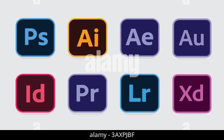 Adobe all icons, Illustrator, Photoshop Stock Vector