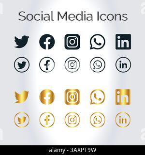 Social Media iocns Black Golden Gradient with blue background, Vector icons Stock Vector