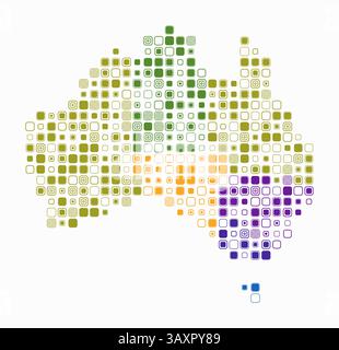 Australia, shape of the country built of colored cells. Digital style map of Australia on white background. Large size rounded square blocks. Stock Vector