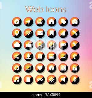 Website Icons set of 36 application icons Black and Orange colored icons Gradient Background tablet Stock Vector
