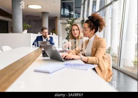 Businesswoman working over laptop while discussing strategies with her female colleague in board room Stock Photo