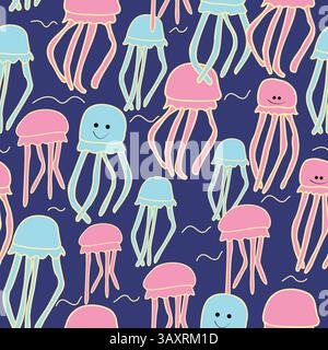 Seamless pattern doodle colorful jellyfish Stock Vector