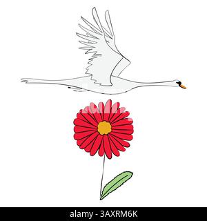 Illustration of a flying swan with a red flower on a white background Stock Vector