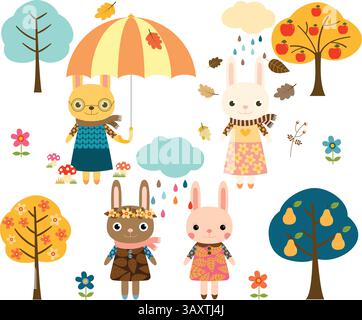 Cute Autumn Rabbits, Cartoon Vector Bunnies with Umbrellas, Trees and Clouds with Raindrops Stock Vector
