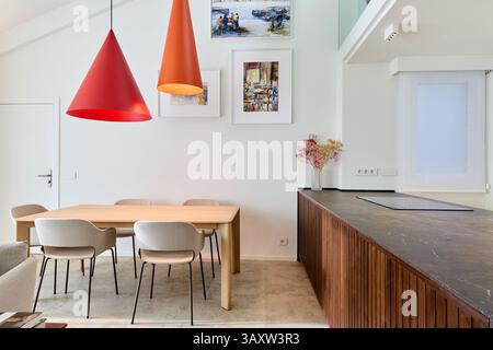 Living and dining room, interior design, Donostia, San Sebastian, Gipuzkoa, Basque Country, Spain Stock Photo