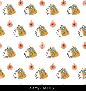 Seamless pattern with backpack and compass Stock Vector