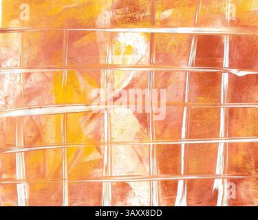 Texture in yellow, orange and red with checkered rectangles / structures, printed using the Gelli Print process. Stock Photo