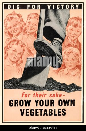DIG FOR VICTORY 1940 Vintage propaganda WW2 colour poster depicting a boot on a shovel, digging in the soil. Children's faces are in the background. ‘Dig for Victory” “For their sake - grow your own vegetables’.British poster promoting growing your own vegetables during World War II 1939-1945 Stock Photo